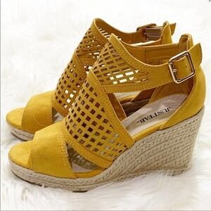JustFab Mabel yellow gold faux leather platform espadrilles